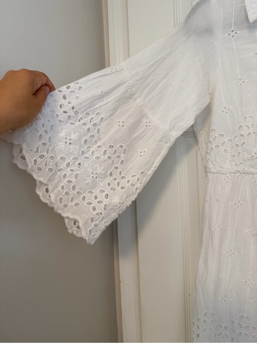 Women’s White Eyelet Midi Shirt Dress with Collar - Picture 3 of 6